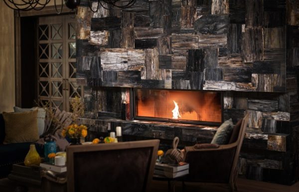 Petrified wood black retro fireplace